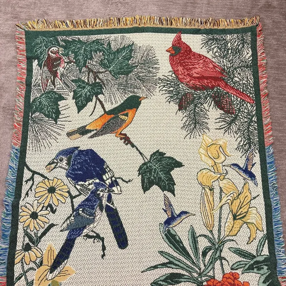 Vintage Nature Bird & Flower Woven Tapestry Throw Blanket Fringed 46